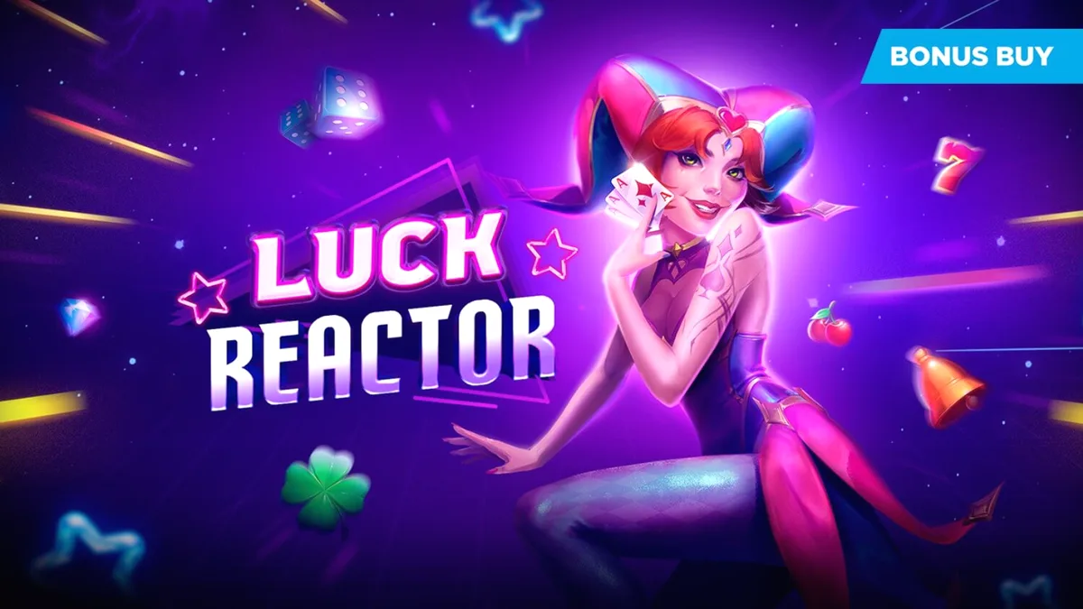 Tampilan visual futuristik slot Luck Reactor dengan elemen neon dan simbol klasik.